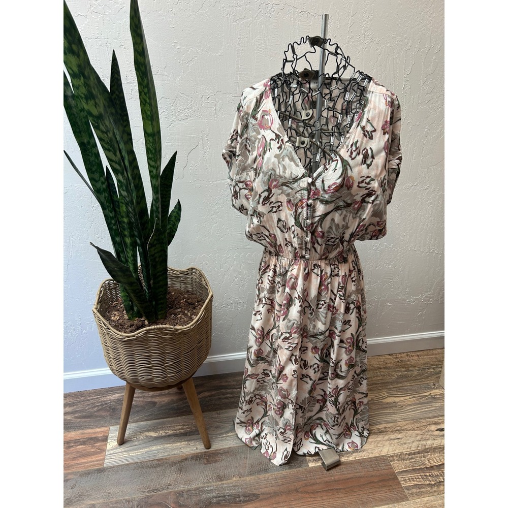 Studio B by Bobeau Floral V-Neck Midi Dress Pink Green Neutral Elastic Waist S